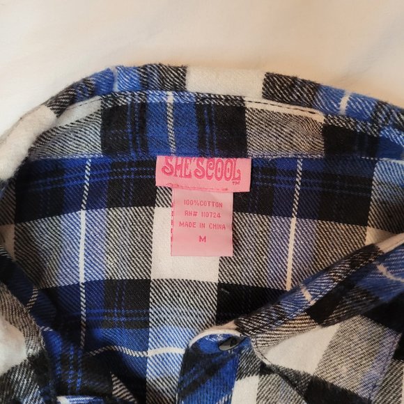 Medium Blue/White/Black Button Down Flannel Shirt by brand "She Scool" - Picture 3 of 4